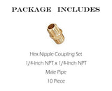 Hex Nipple Coupling Set, 1/4-Inch NPT x 1/4-Inch NPT, Brass Male Pipe (10 Piece)