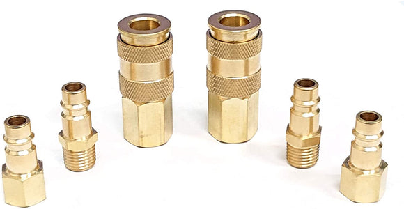 Tanya Hardware Pro High Flow Coupler & Plug Kit (6 Piece), V-Style, 1/4 in. NPT, Solid Brass Quick Connect Air Fittings Set.