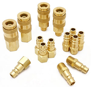 Tanya Hardware Pro High Flow Coupler & Plug Kit (14 Piece), V-Style, 1/4 in. NPT, Solid Brass Quick Connect Air Fittings Set